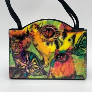 Vintage Angela Frascone Colorful Cat Pop Art Resin Handbag Top Handle Clutch